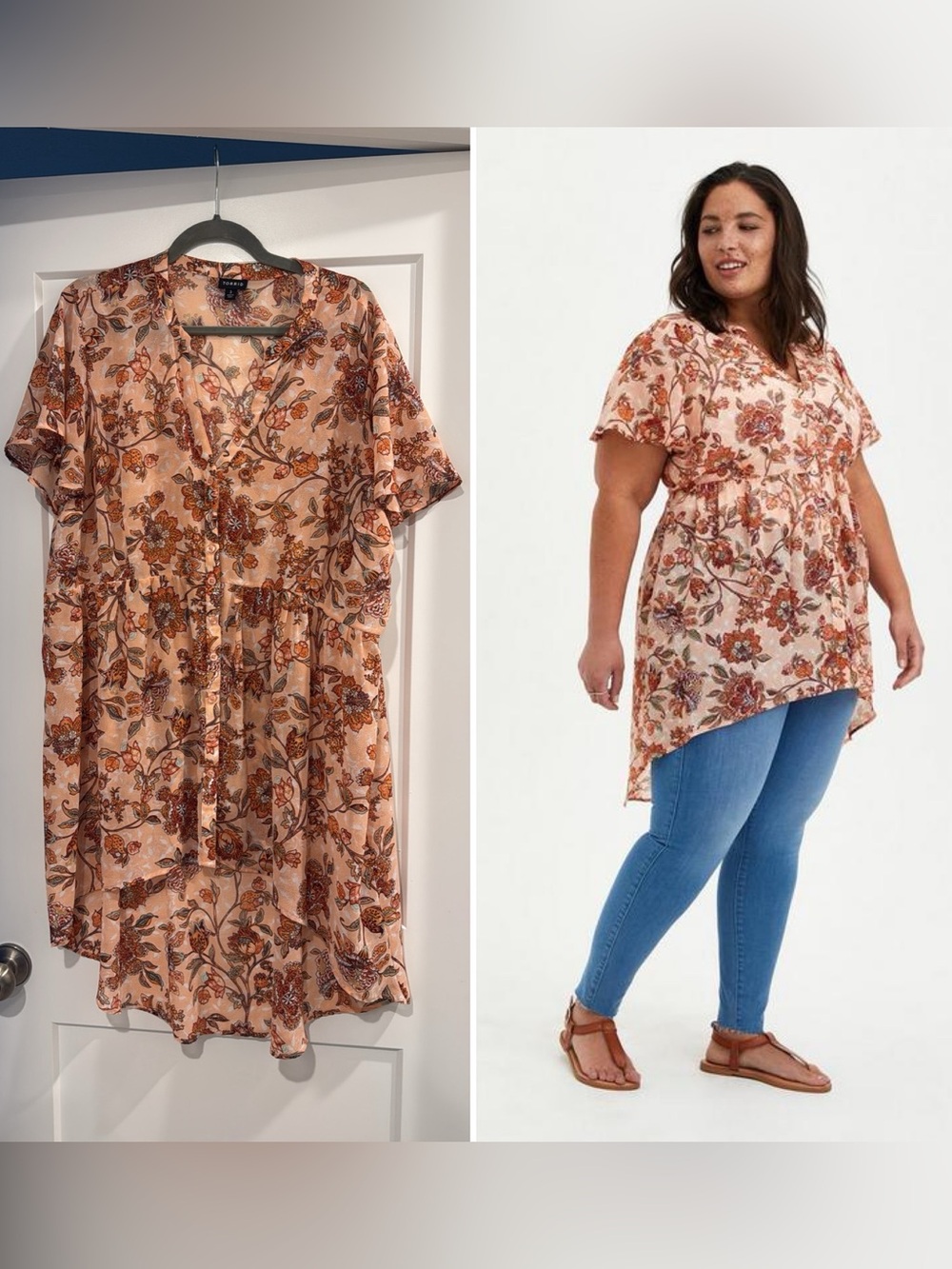 TORRID Chiffon Floral Peach V-Neck High-Low Tunic Top 3x
